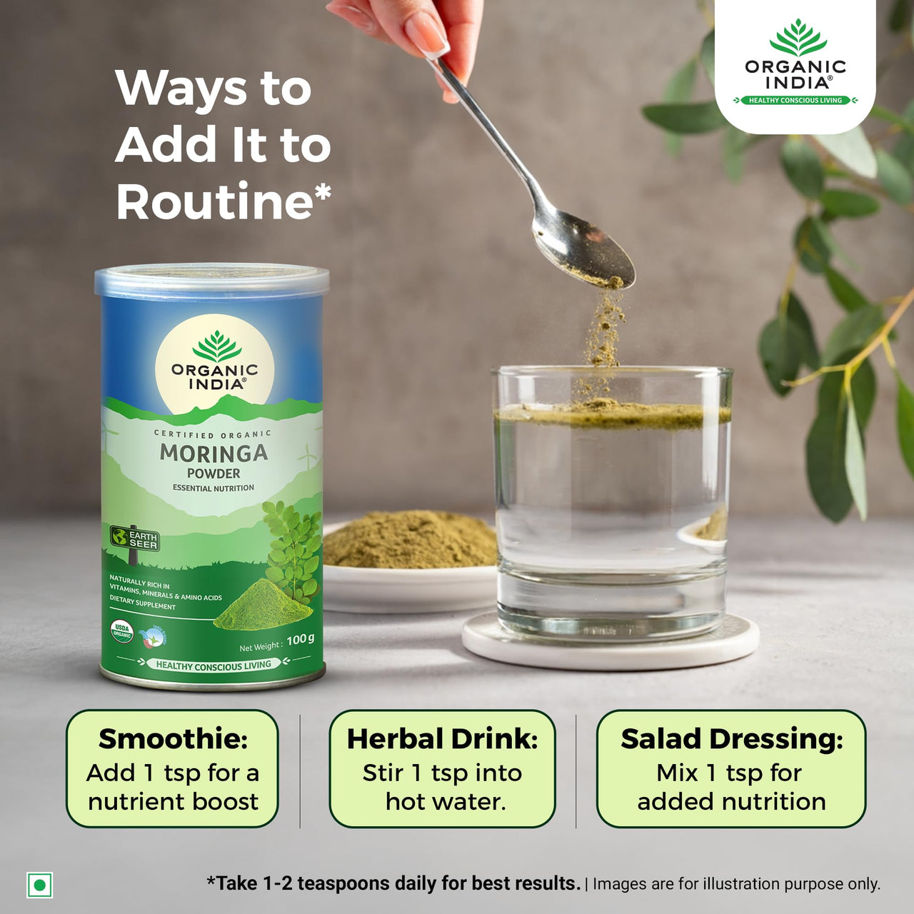 A TATA Product - Organic India Moringa Powder - 100g, Essential Nutrition Superfood, Helps Naturally Boost Energy Levels, Improves Stamina & Vitality, Rich In Vitamins & Minerals