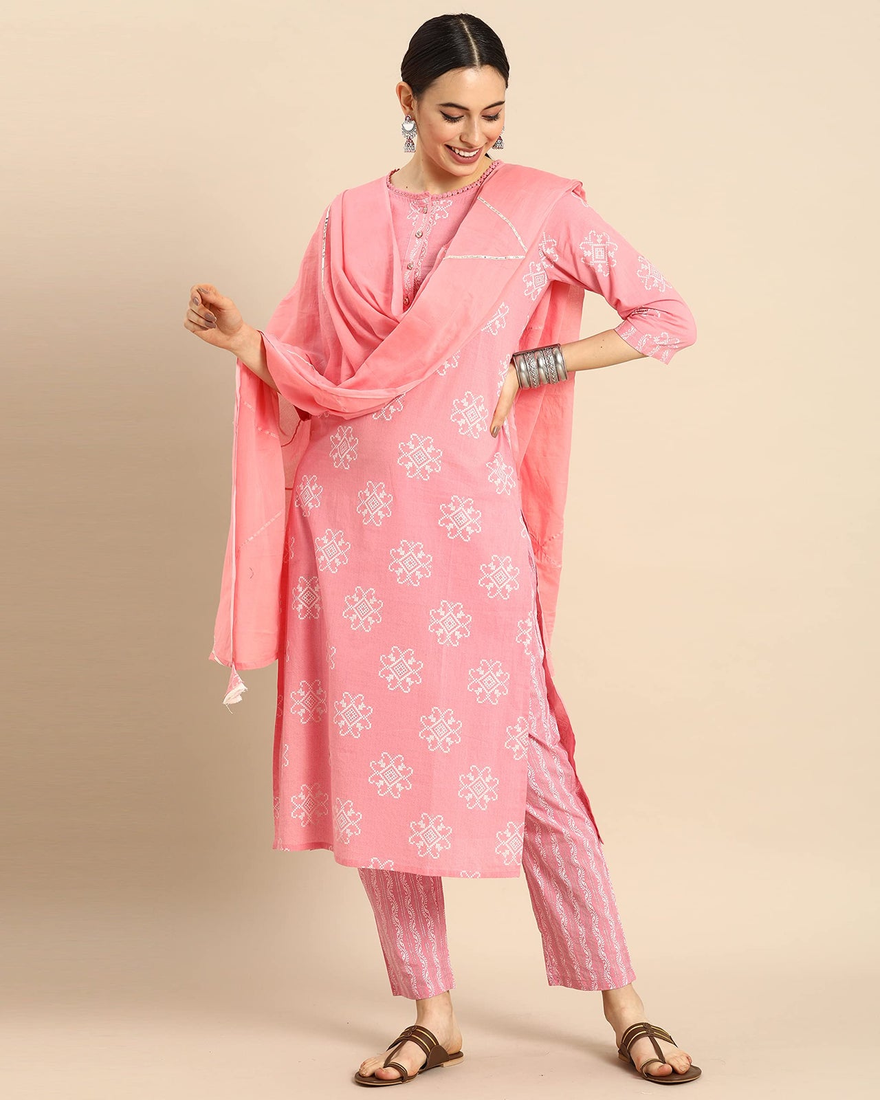 Rajnandini Women's  Pure Cambric Cotton Straight Kurta Set With Dupatta