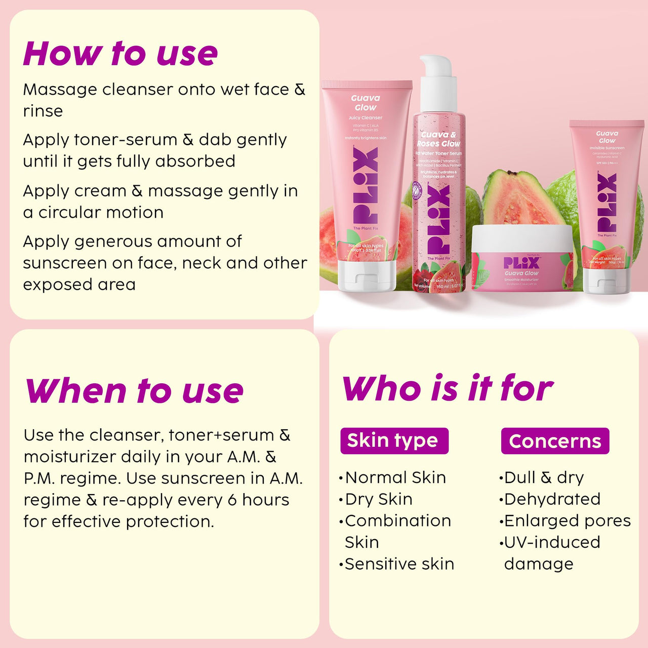 PLIX - THE PLANT FIX Guava & Roses Regime for Bright Skin & Balanced Skin pH| Hydrating Cleanser| 2-in-1 Toner Serum| Smoothie Moisturizer| Invisible Sunscreen Gel With SPF 50+ PA +++| For Men & Women| Pack of 4