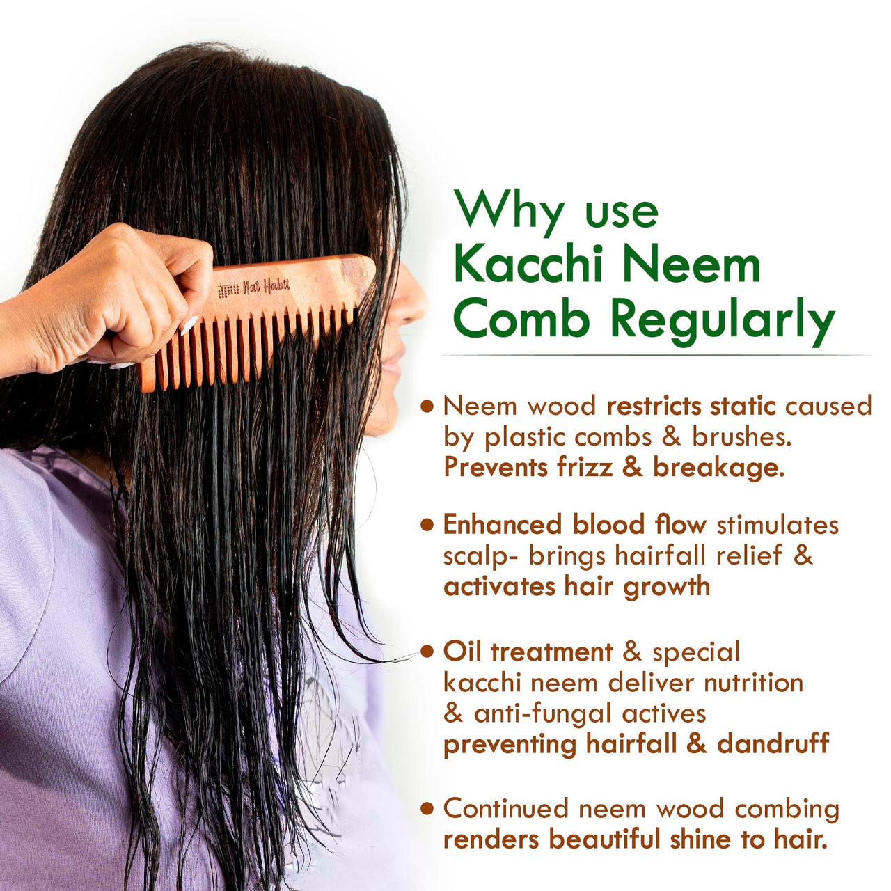 Nat Habit Kacchi Neem Wooden Shampoo Comb - Soaked In 17 Herbs, Neem & Sesame Oil - For Post Shampoo Detangling Suited For Long & Thick Hair (Wide Tooth- Small Size) Pack of 1