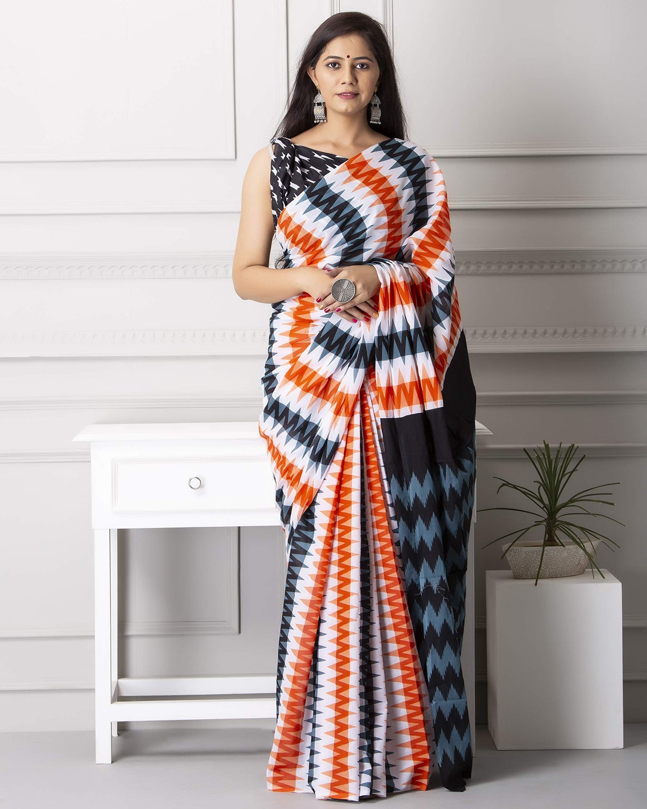 Shivanya Handicrafts Women's  Hand block printed cotton mulmul fabric saree Ikkat printed With Blouse Piece Traditional Jaipuri Print