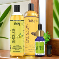 Rey Naturals Castor Oil for hair growth + Olive Oil for Skin & hair + Tea Tree Essential Oil Set | Hair Growth Oil and Essential Oil | Moisturizes, Repairs And Strengthens Hair | 200ml *2 + 15ml