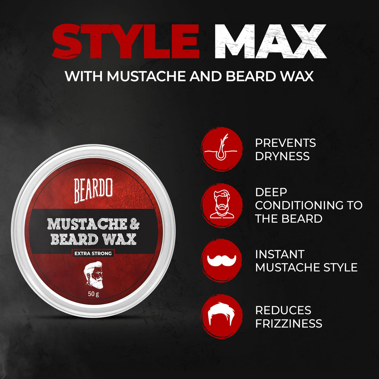 Beardo Beard and Mustache Wax, 50 gm | Beard Wax for Beard & Mustache Styling | Long Lasting Extra Strong Hold Wax for Men | Beard Hair Wax for Smooth, Shiny & Healthy Beard