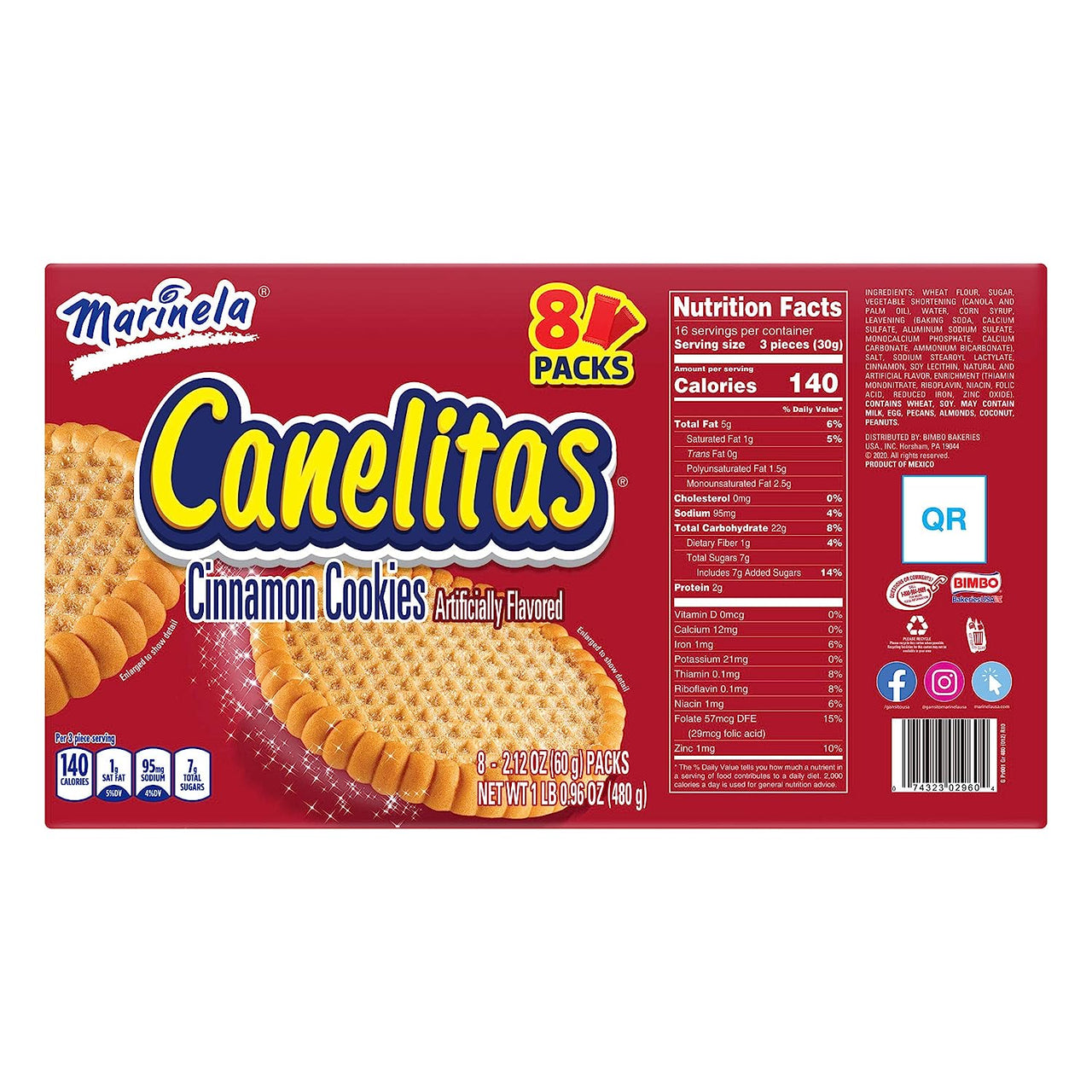 Marinela Canelitas Crispy Cinnamon Cookies, 8 packs per box, 16.96 Oz