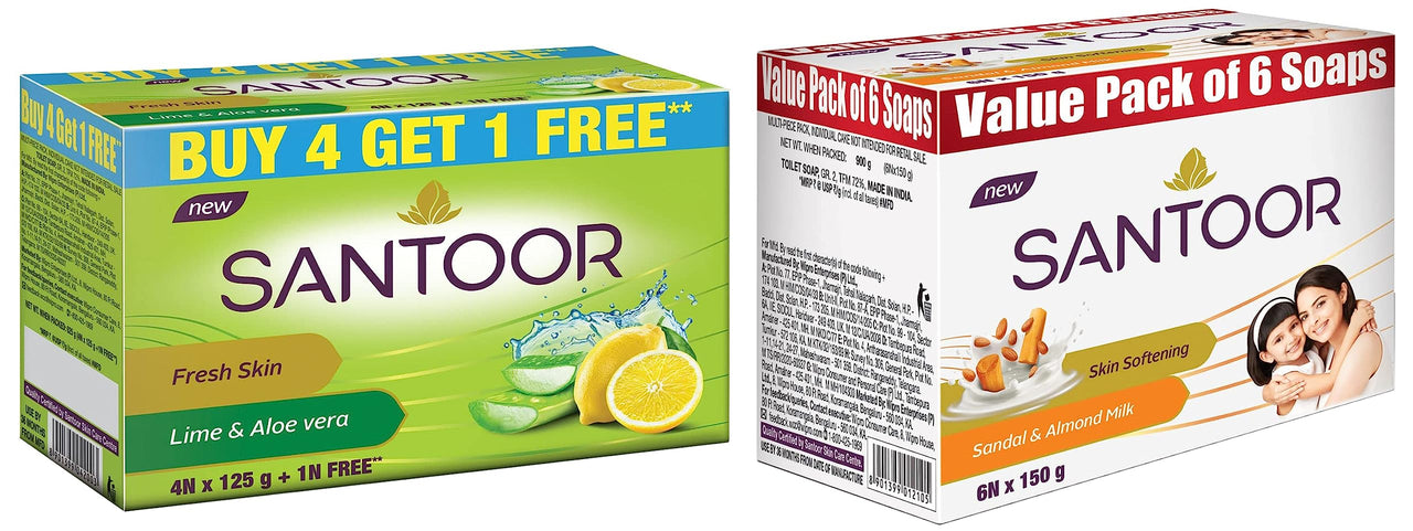 Santoor Sandal & Almond Milk Soap, 150g (Pack Of 6) & Aloe Fresh Soap With Aloe Vera & Lime, 125g (Pack Of 5)