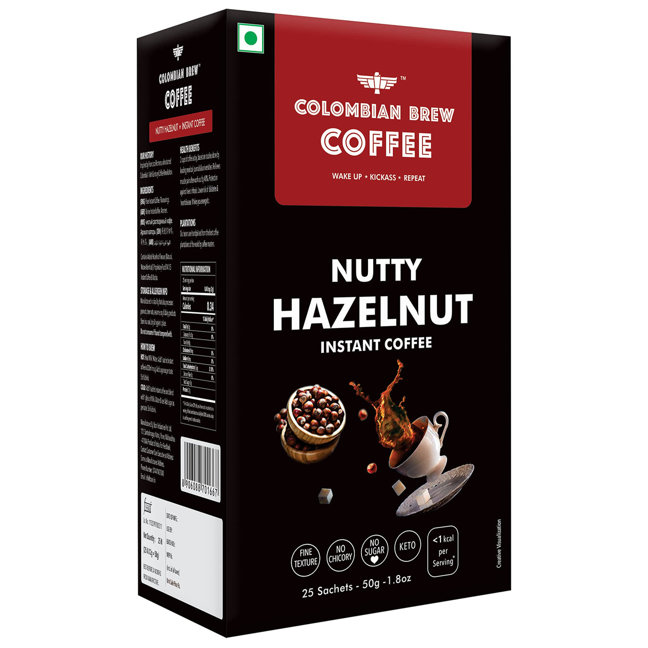 Colombian Brew 3 in 1 Assorted Instant Coffee Premix Café Latte, 10 Sachets Box & Colombian Brew Hazelnut Instant Coffee Powder, No Sugar Vegan, 50gm
