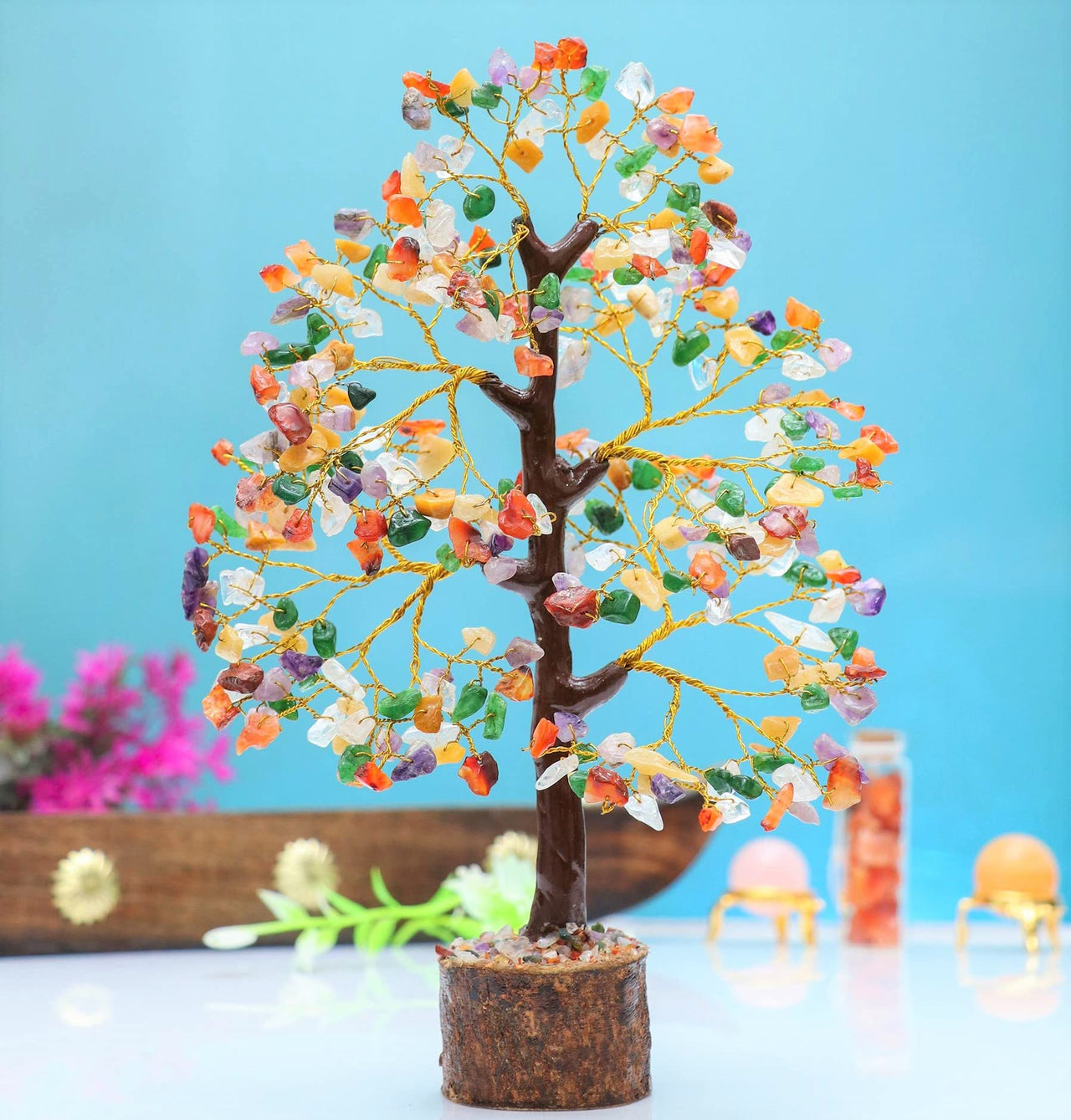 Chakra Tree - Crystal Tree - Gemstone Tree - Feng Shui Tree - Money Tree Bonsai - Healing Crystal - 7 Chakra Tree of Life - Home Decor - Spiritual Gift - Seven Chakra Tree - Handmade Crystal Gift Mix Chakra (Golden Wire)