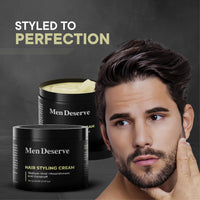 Men Deserve - Hair Styling Cream (100g) | Provides Medium Hold & Nourishment | Paraben & Sulphate Free | Non-Greasy Hair Cream With Olive Oil, Coconut Oil, & Keratin | Hair Cream for Dry & Frizzy Hair
