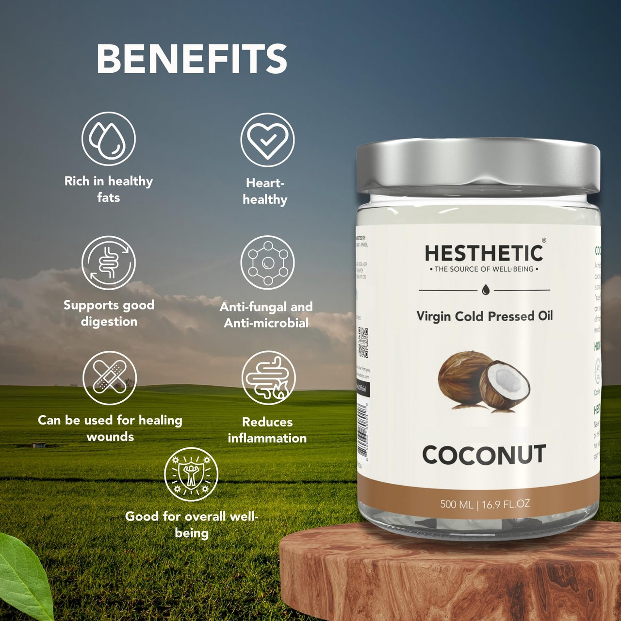 HESTHETIC - Virgin Cold Pressed Coconut Oil | 500ml Glass Jar | Multi-Purpose Oil for Cooking, Baking, Salads, Smoothies, Hair, Skin, Massage, Oil Pulling & More | 100% Pure & Natural Nariyal oil