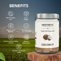 HESTHETIC - Virgin Cold Pressed Coconut Oil | 500ml Glass Jar | Multi-Purpose Oil for Cooking, Baking, Salads, Smoothies, Hair, Skin, Massage, Oil Pulling & More | 100% Pure & Natural Nariyal oil