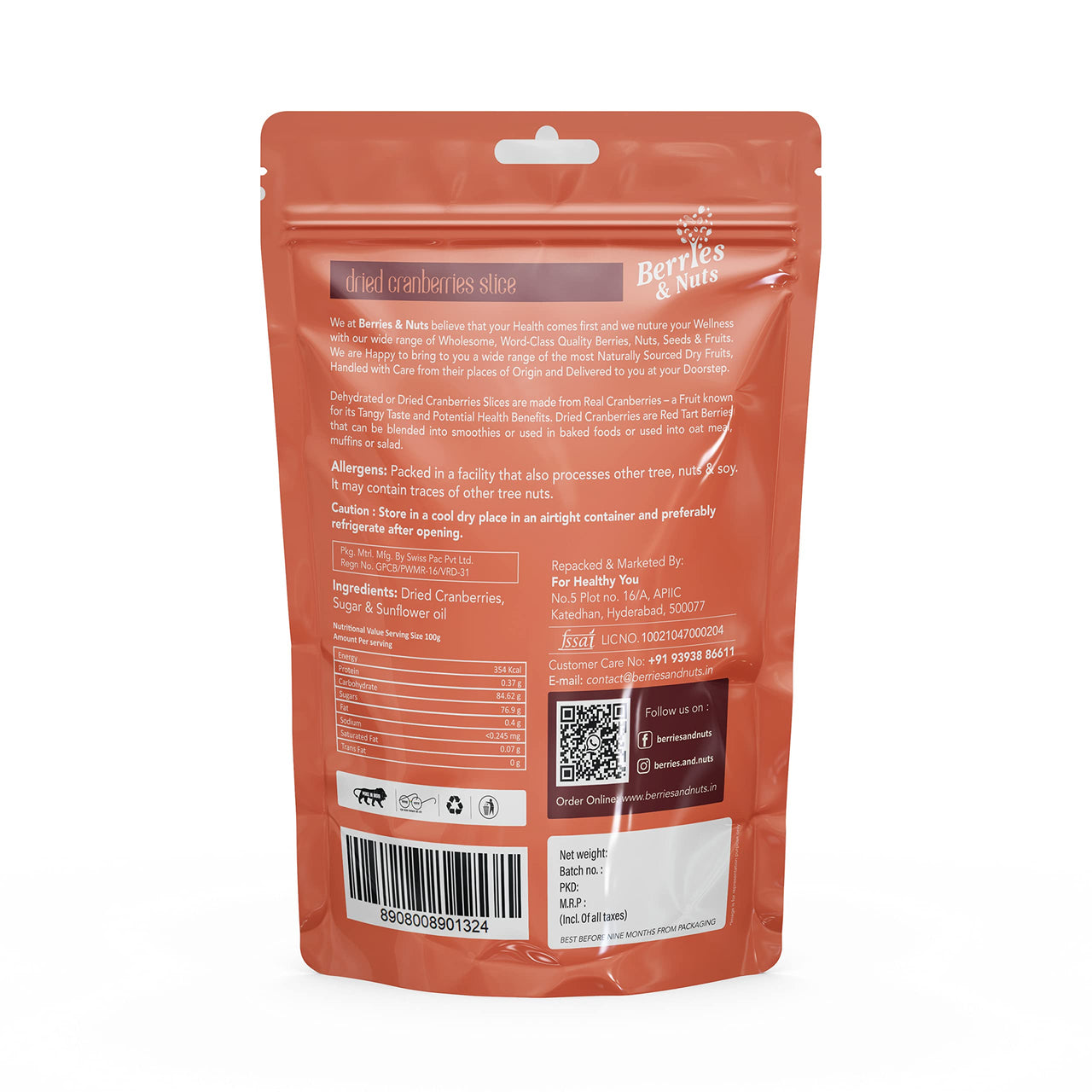 Berries And Nuts Dried Cranberries 200 Gram Pouch|Dehydrated Cranberries, Antioxidant Rich, Immunity Booster|1 Pack Of 200 Grams