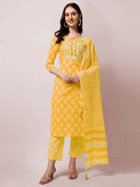 SOURBH Women's  Stylish Straight Fit Cotton Ethnic Block Motif Printed Kurta Set with Trouser Pant and Dupatta