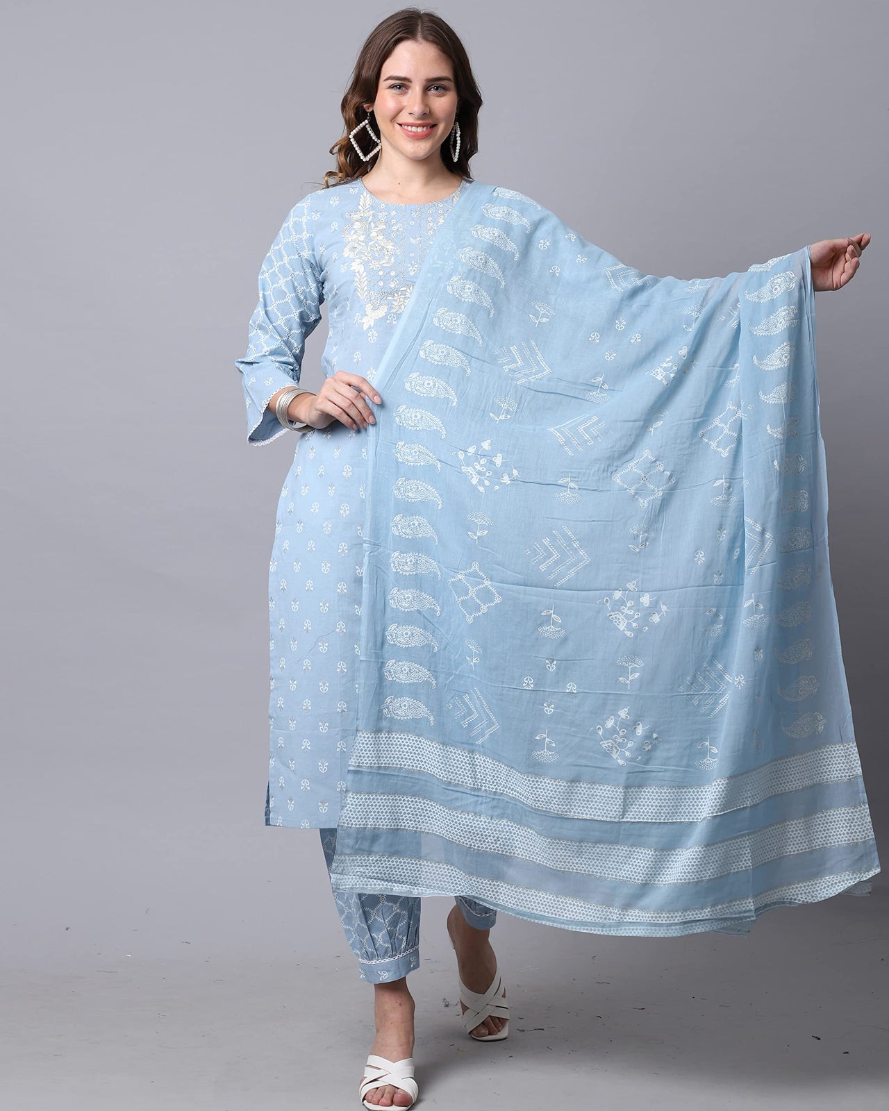 Rajnandini Women's  Sky Blue Pure Cambric Cotton Jaipuri Printed & Embroidered Kurta Set With Dupatta (JOPLJPR824-P)