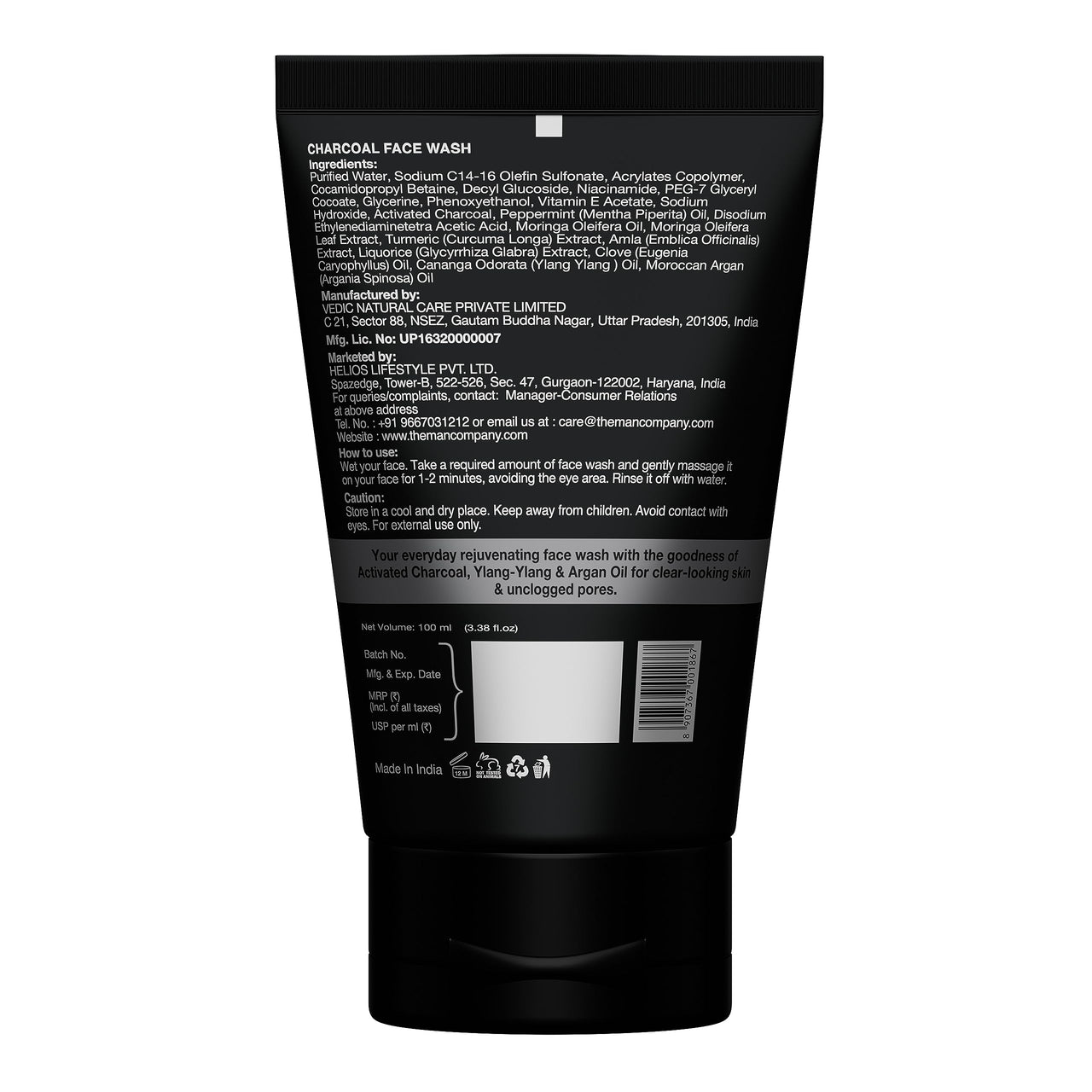 The Man Company Activated Charcoal Face Wash for Men | Ylang Ylang | Oil Control | Unclog Pores | Deep Cleansing | Blackheads Removal | All Skin Types - 100ml
