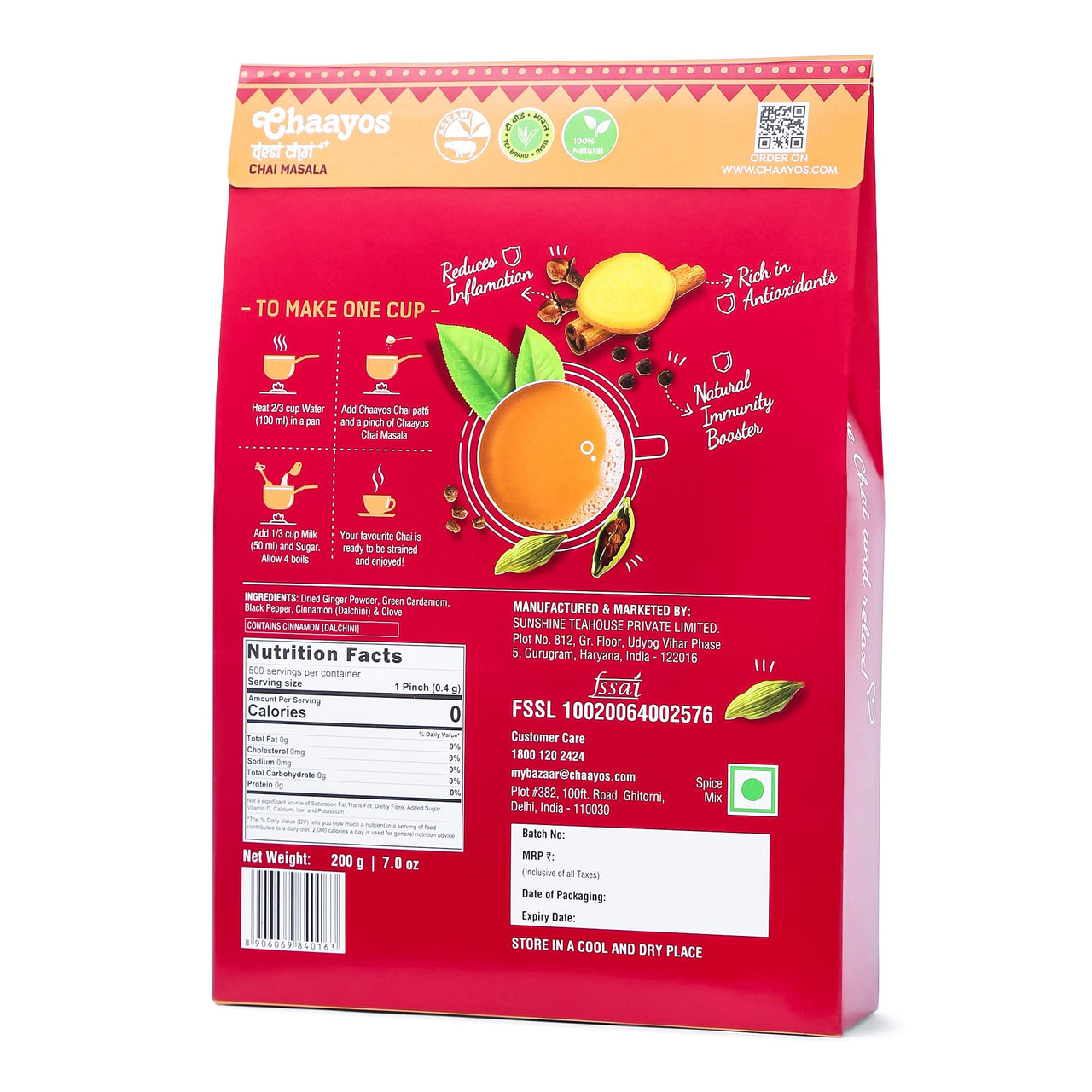 Chaayos Chai Masala - Aromatic Tea Masala Powder with 100% Natural Ingredients - 200g [500 Cups]