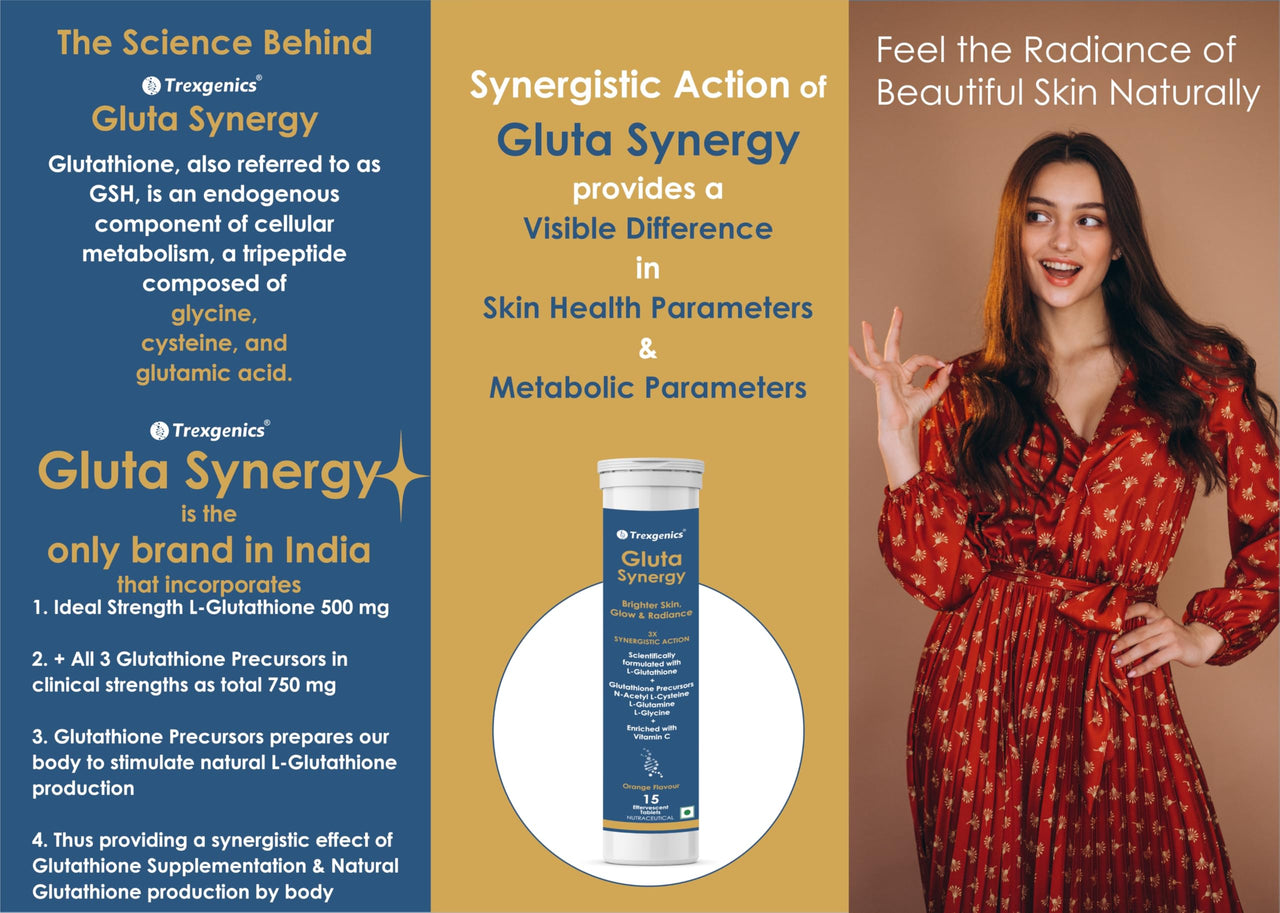 Trexgenics GLUTA SYNERGY L-Glutathione 500 mg + Glutathione Precursors 750 mg as N-Acetyl Cysteine, Glycine & Glutamine + Vitamin C Skin Glow, Radiance (2 Pack x 15 =30 Effervescent Tablets , Orange flavour