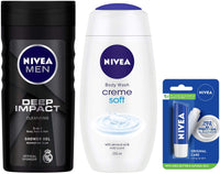 Nivea Men Body Wash, Deep Impact, 3 in 1 Shower Gel for Body, Face & Hair with Microfine Clay, 250ml & Lip Balm, Original Care, 4.8g & Shower Gel, Crème Soft Body Wash, Women, 250ml