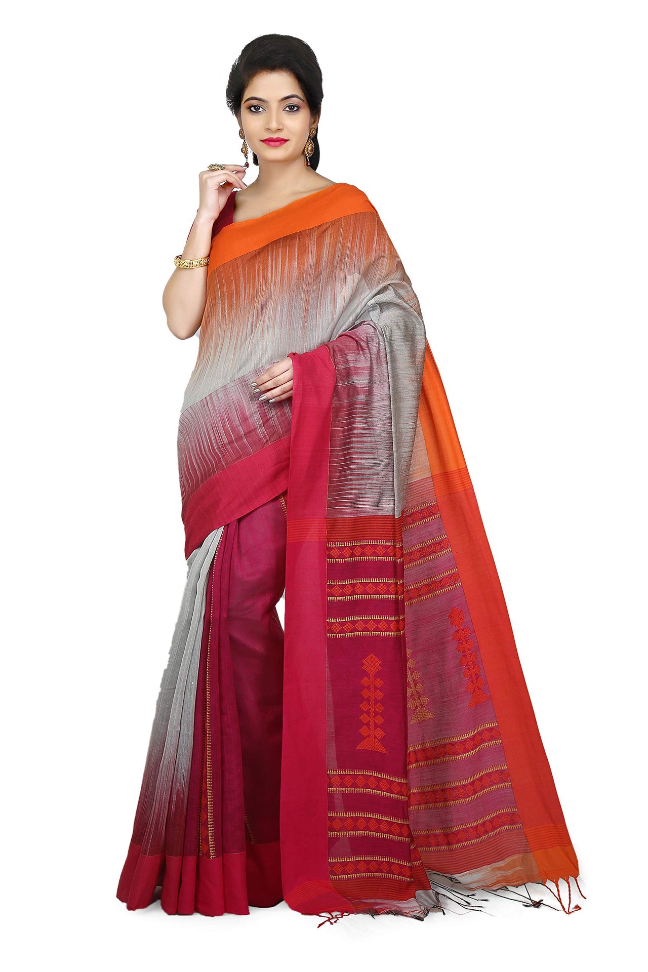 WoodenTant Women’s Ikkat Cotton Silk Saree In Pink with White Cotton Thread work