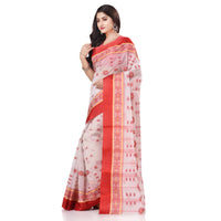 dB DESH BIDESH Women`s Traditional Bengal Phulkoli Woven Design Pure Handloom Cotton Saree Without Blouse Piece White Red