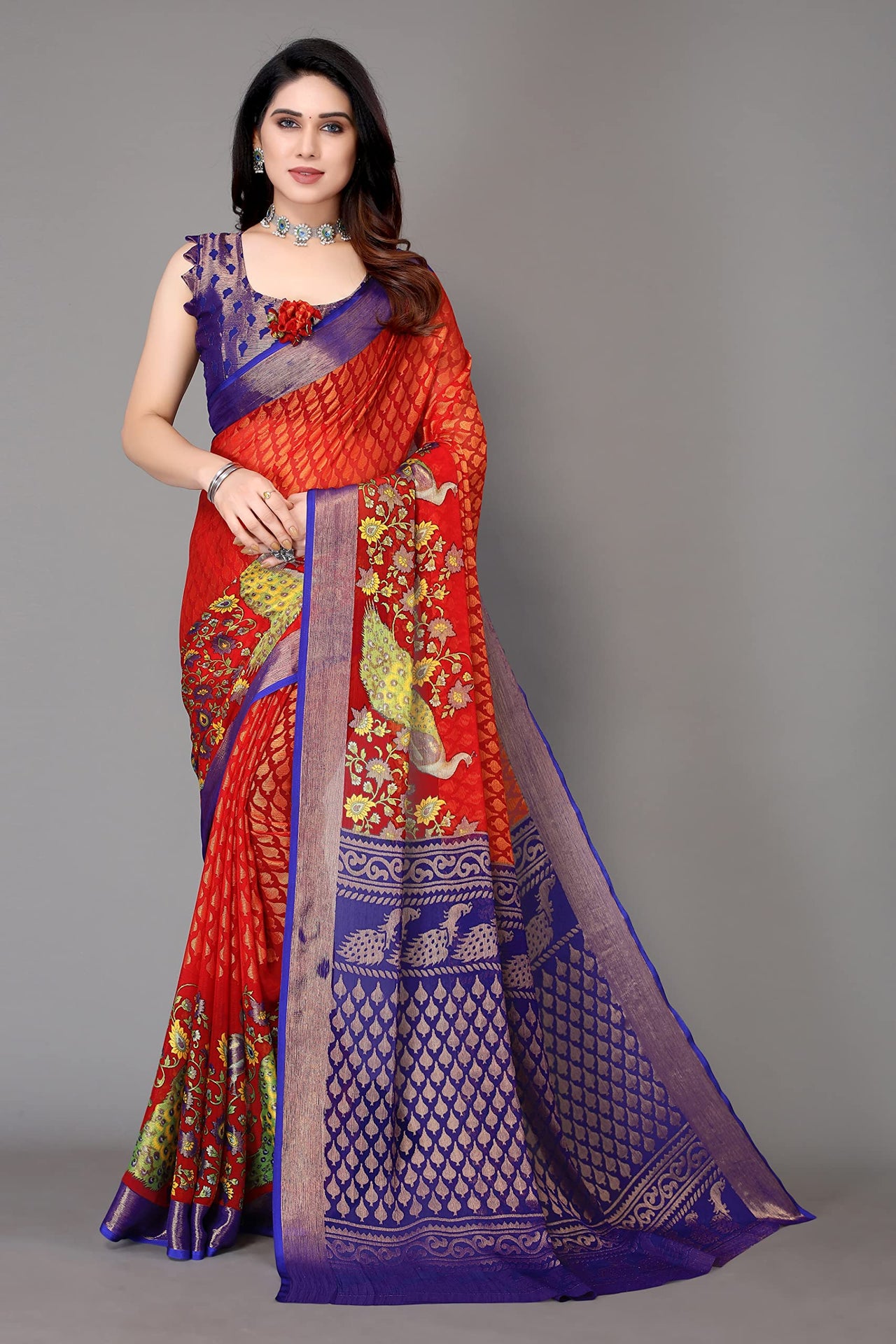 Winza Designer Women's  Chiffon Brasso Floral Printed Saree with Blouse Piece