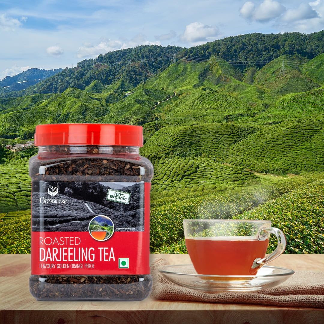 GOODRICKE Roasted Organic Darjeeling Tea Jar- 250gm | Flavoury Golden Orange Pekoe | 100% Pure & Natural Darjeeling tea| Premium Loose Leaves Black Tea | Rich Aroma and Long Lasting AfterTaste