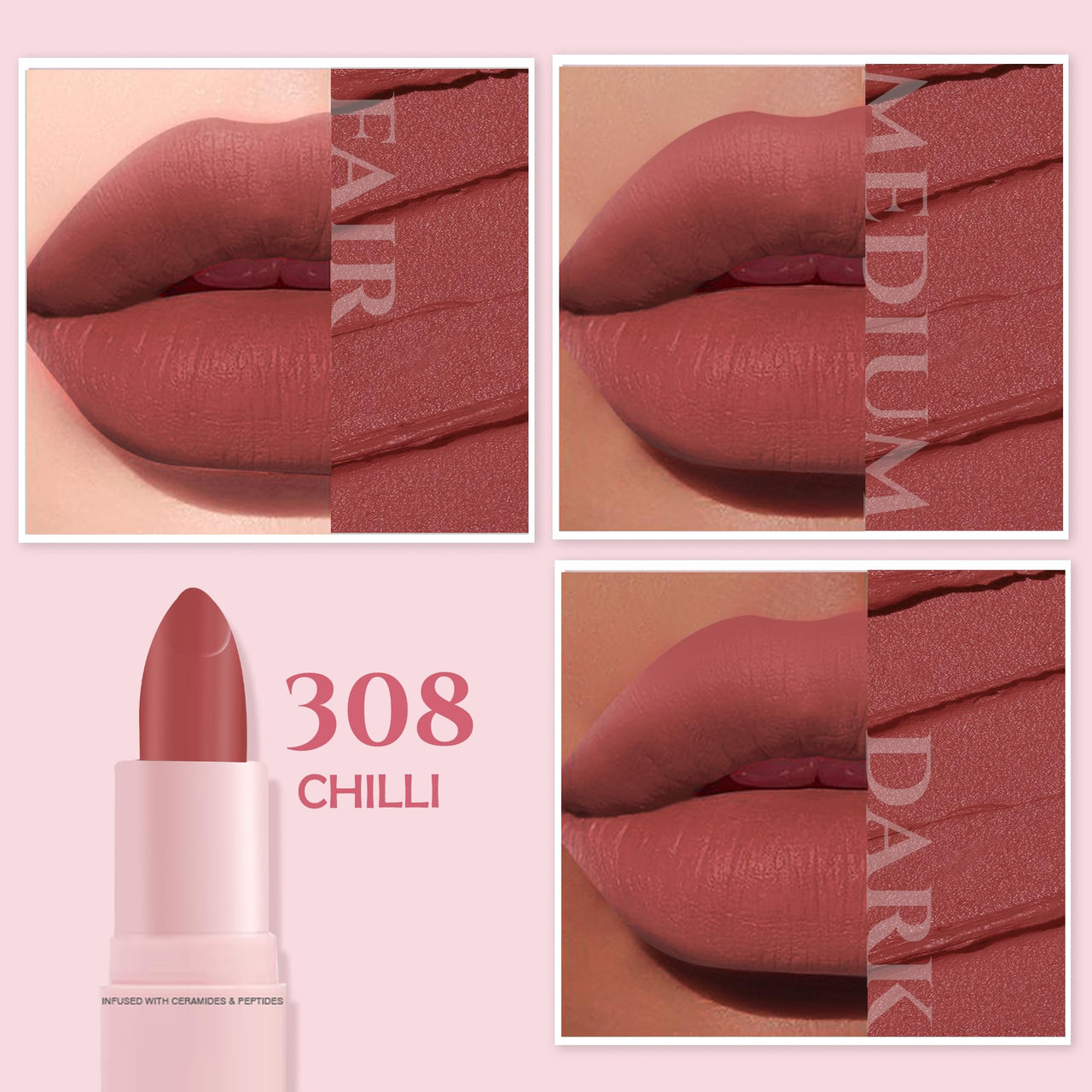 Glamveda Creamy Matte Long Lasting Lipstick with Ceramides & Peptides, Lightweight, 12 Hour Wear, Smudgeproof & Transferproof - Chilli 308