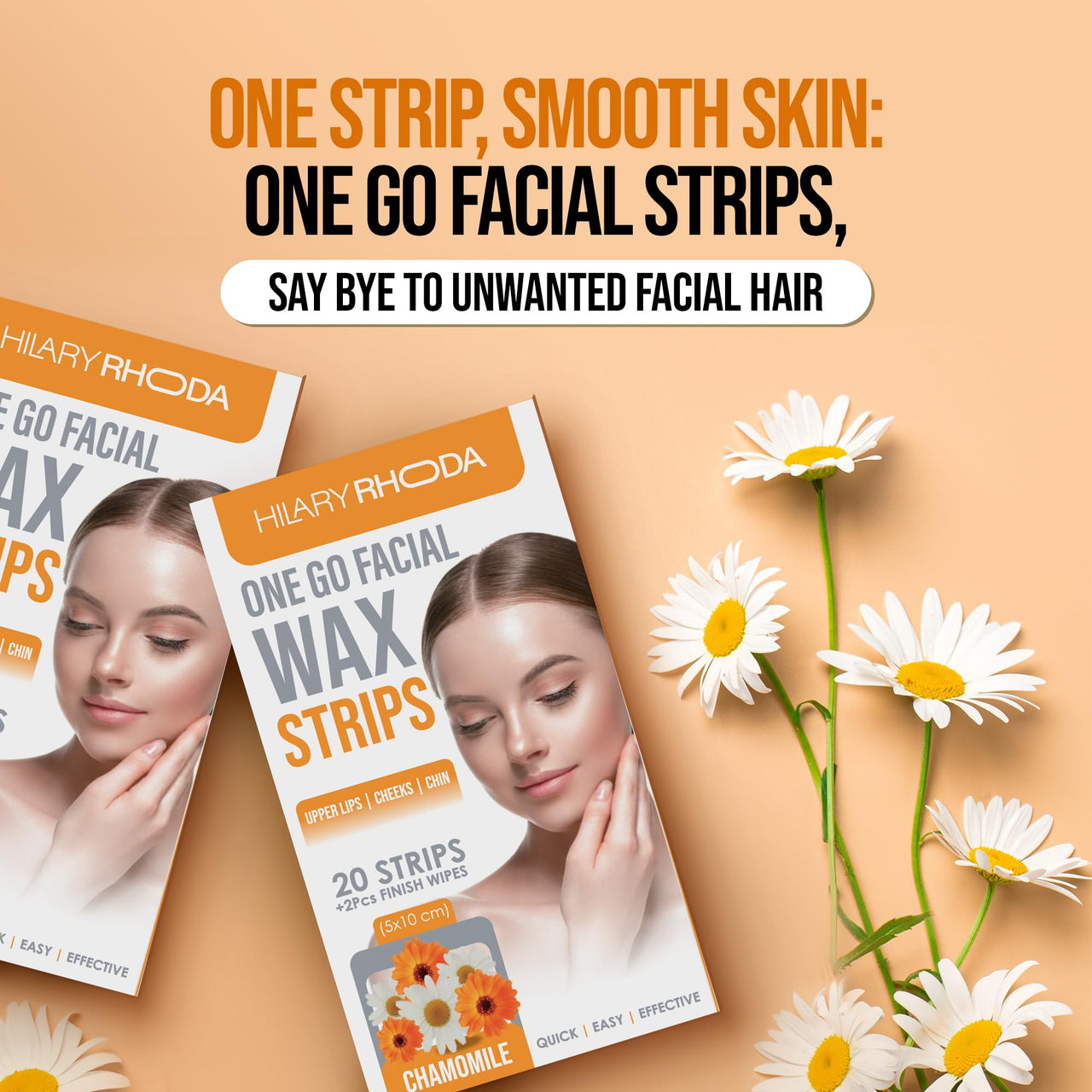 Hilary Rhoda Women One Go Facial Wax Strips|Ready-To-Use|Face, Cheek, Upper Lip & Chin Facial Wax|Painless Hair Removal|With 2 Finish Wipes|20 Strips (Chamomile),Pack Of 1,1 Count