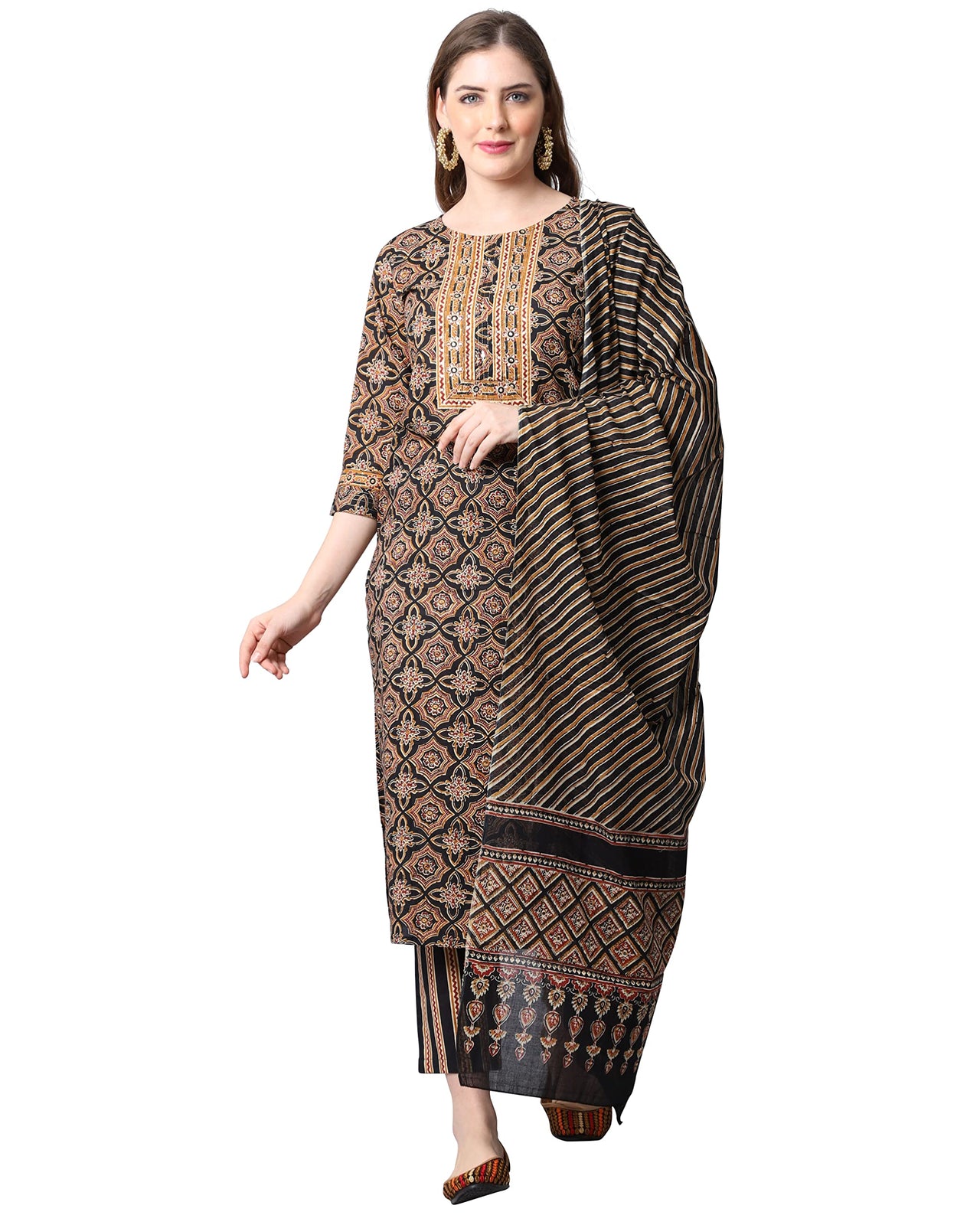 Rajnandini Women's  Black Coloured Pure Cambric Cotton Jaipuri Embroidered Kurta Set With Dupatta