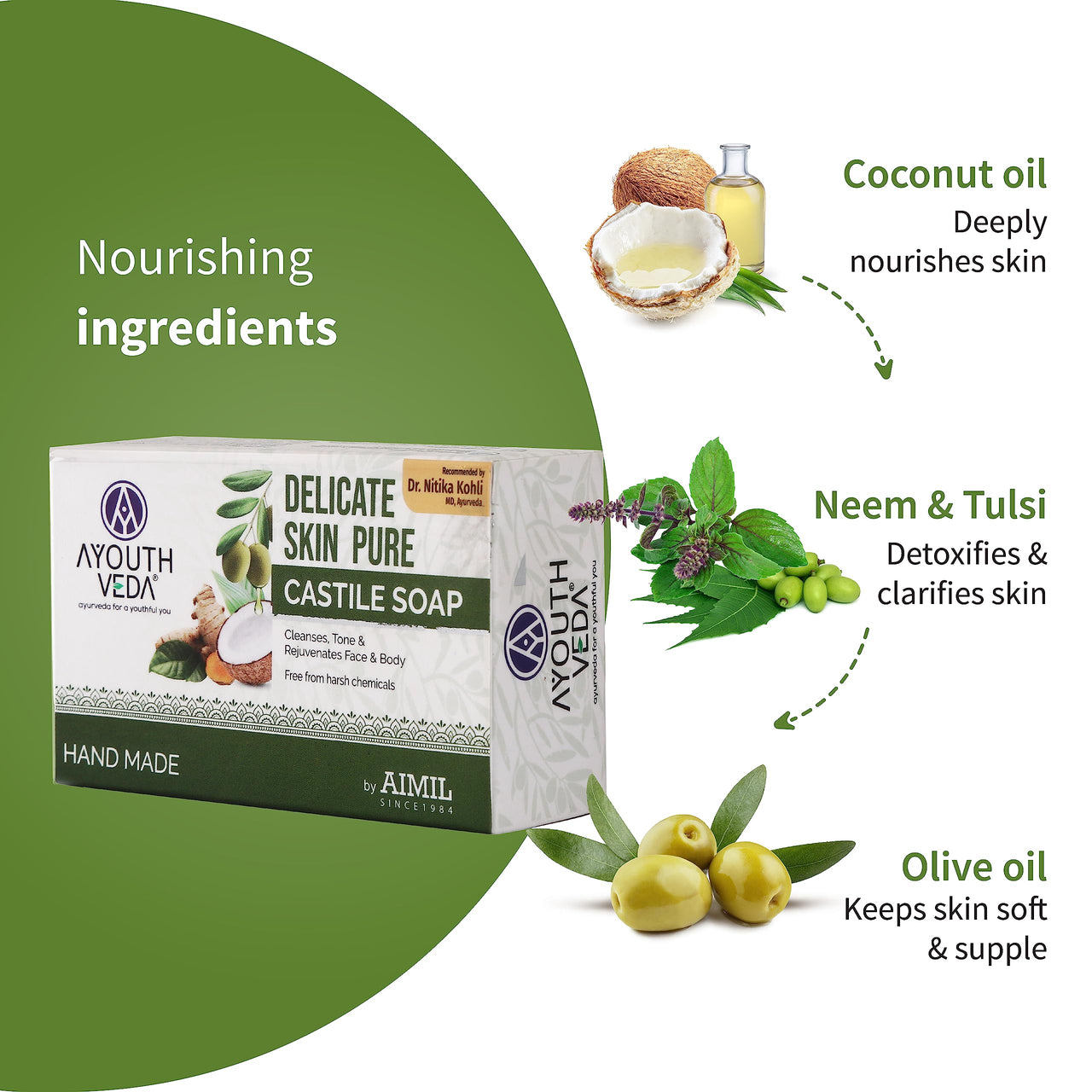 Ayouthveda Delicate Skin Pure Castile Soap (100g), Indian Clay Soap (100g), Charcoal Castile Detox Soap (110g) | Cleans, Tones & Revitalizes Skin | For Complete Skin Nourishment & Protection