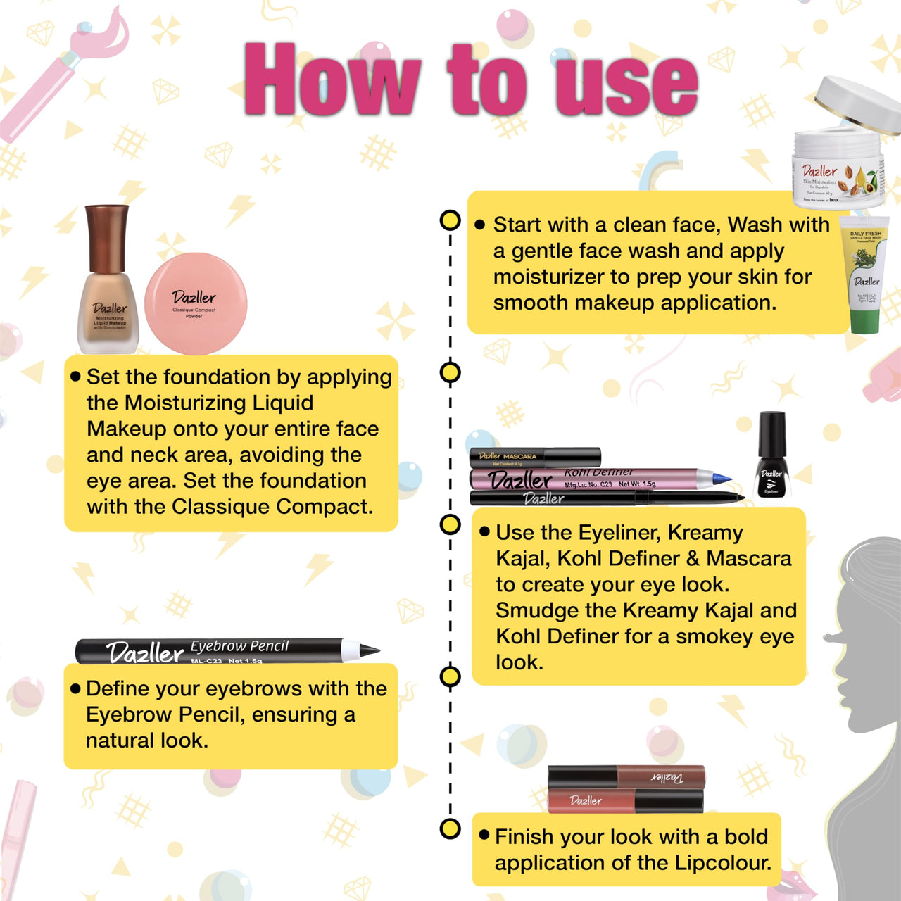 Dazller Mini Glam Kit - 8 in 1, Medium Skin Ton, Contains - Kajal & Kohl, Eyebrow Pencil, Eyeliner, Mascara, Foundation, Compact, Lipcolour (2)