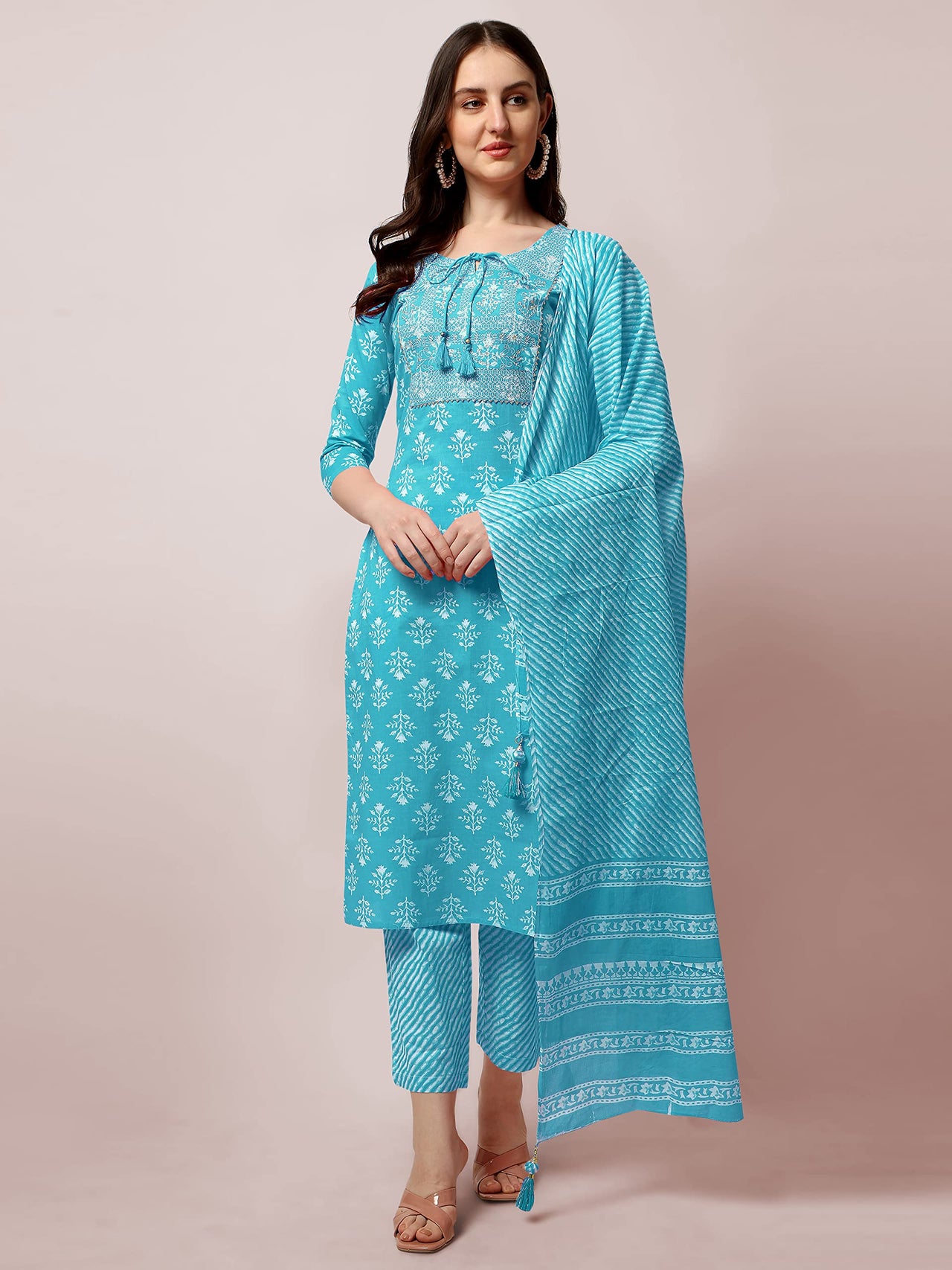 SOURBH Women's  Stylish Straight Fit Cotton Ethnic Block Motif Printed Kurta Set with Trouser Pant and Dupatta