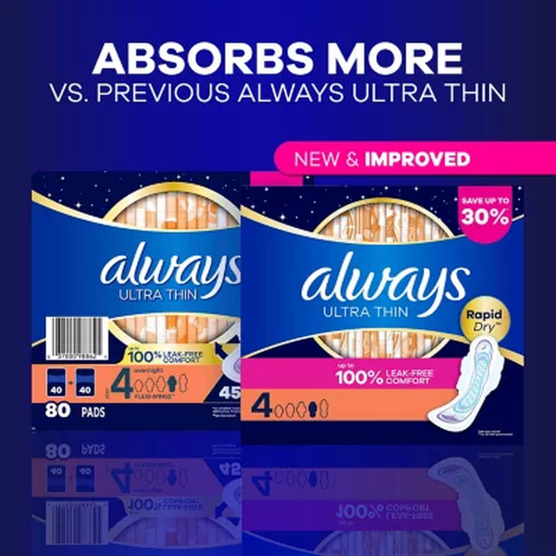Always Ultra Thin Overnight Pads with Wings, Size 4, 80 Ct.