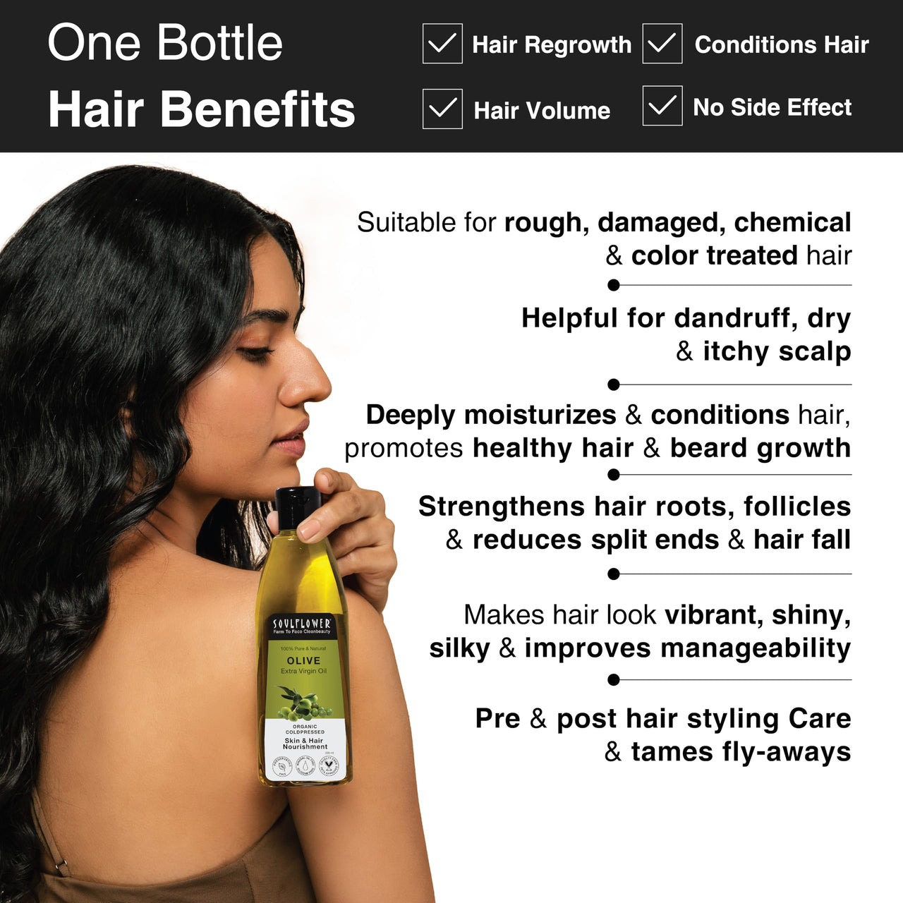 Soulflower Olive Hair & Skin Oil | 225ml | Cold-Pressed Oil for Hair Growth, Face Massage & Deep Moisturization | Reduces Wrinkles, Nourishes Scalp & Strengthens Roots | 100% Pure & Natural with Vitamin E