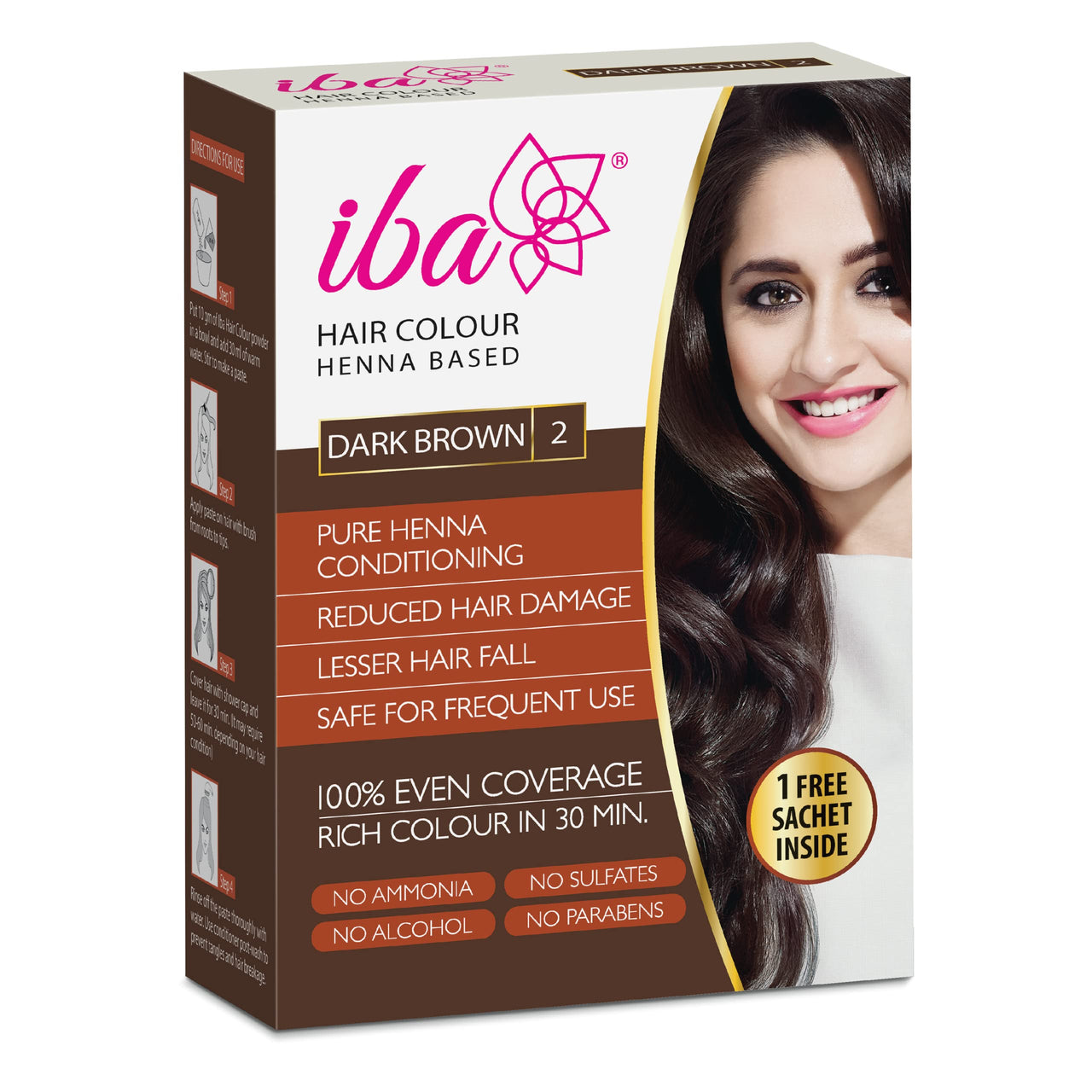 Iba Hair Colour for Women - Dark Brown, 70g | 100% Pure Henna Based Powder Sachet | Natural Hair Colour & Long Lasting with Conditioning Formula | Reduced Hair Fall & Hair Damage | Shine & Nourish Hair | Free from Ammonia and Other Harmful Chemicals | Her