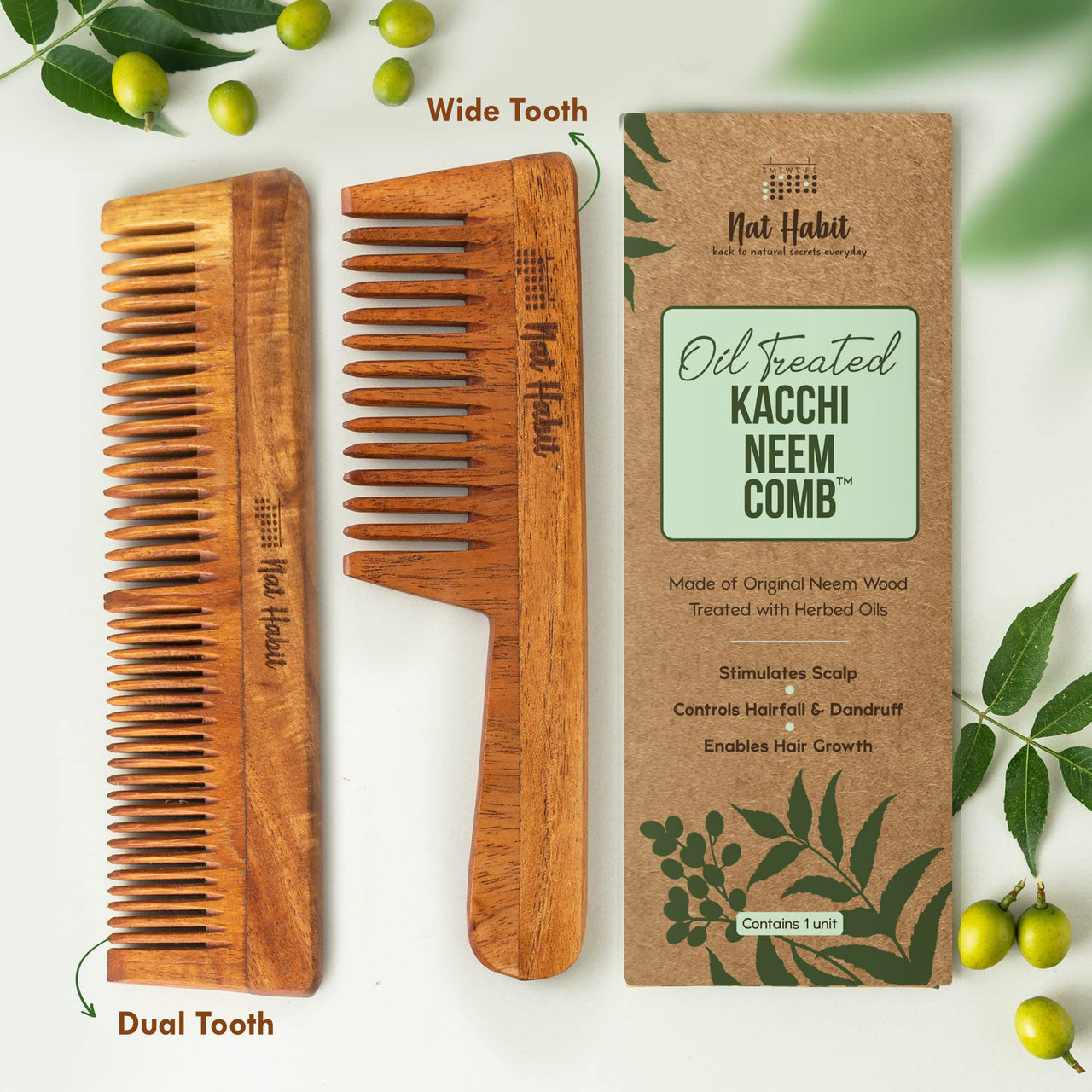 Nat Habit - Kacchi Neem Wooden Comb - Soaked In 17 Herbs Neem & Sesame Oil For Multi-Actions - Deta,Nat Habit Kacchi Neem Wooden Comb - Soaked In 17 Herbs, Neem & Sesame Oil For Multi-Actions - Detan