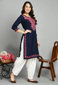 QAZMI Women's  Cotton Straight Embroidered Kurti Black L