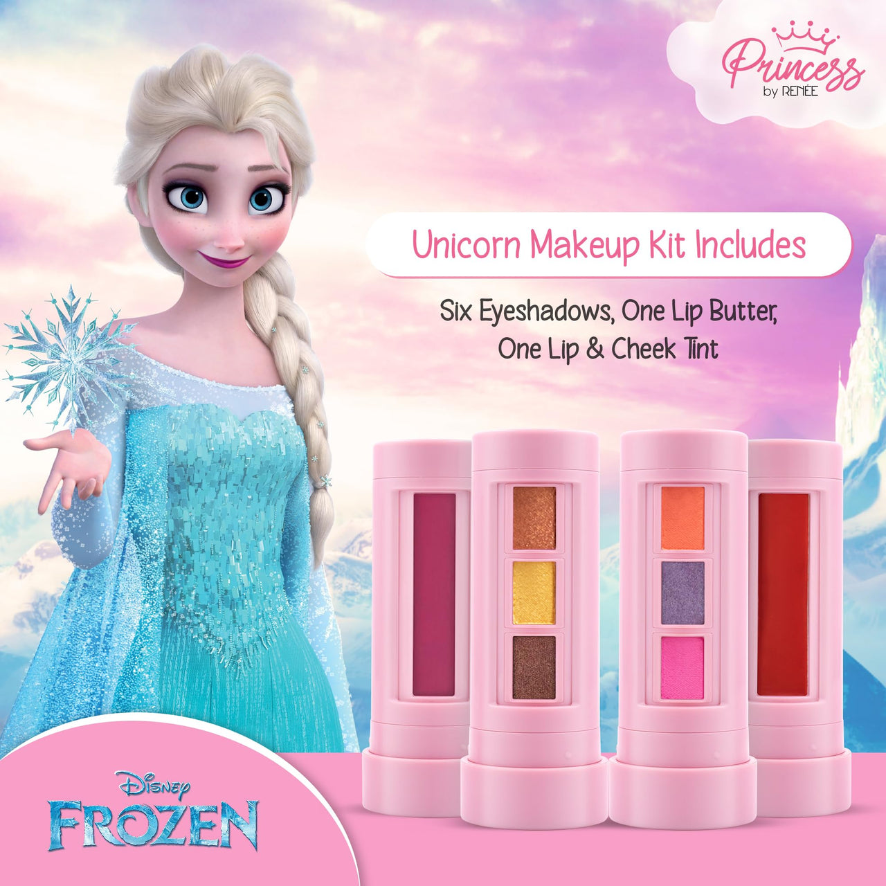 RENEE Disney Frozen Princess Unicorn Makeup Kit Elsa 7.4 Gm,Pre-Teen Girls,Includes 2 Matte,4 Shimmer Eyeshadows,Lip Butter,Lip&Cheek Tint,Compact&Travel Friendly,Cruelty-Free&Vegan, 1 Count