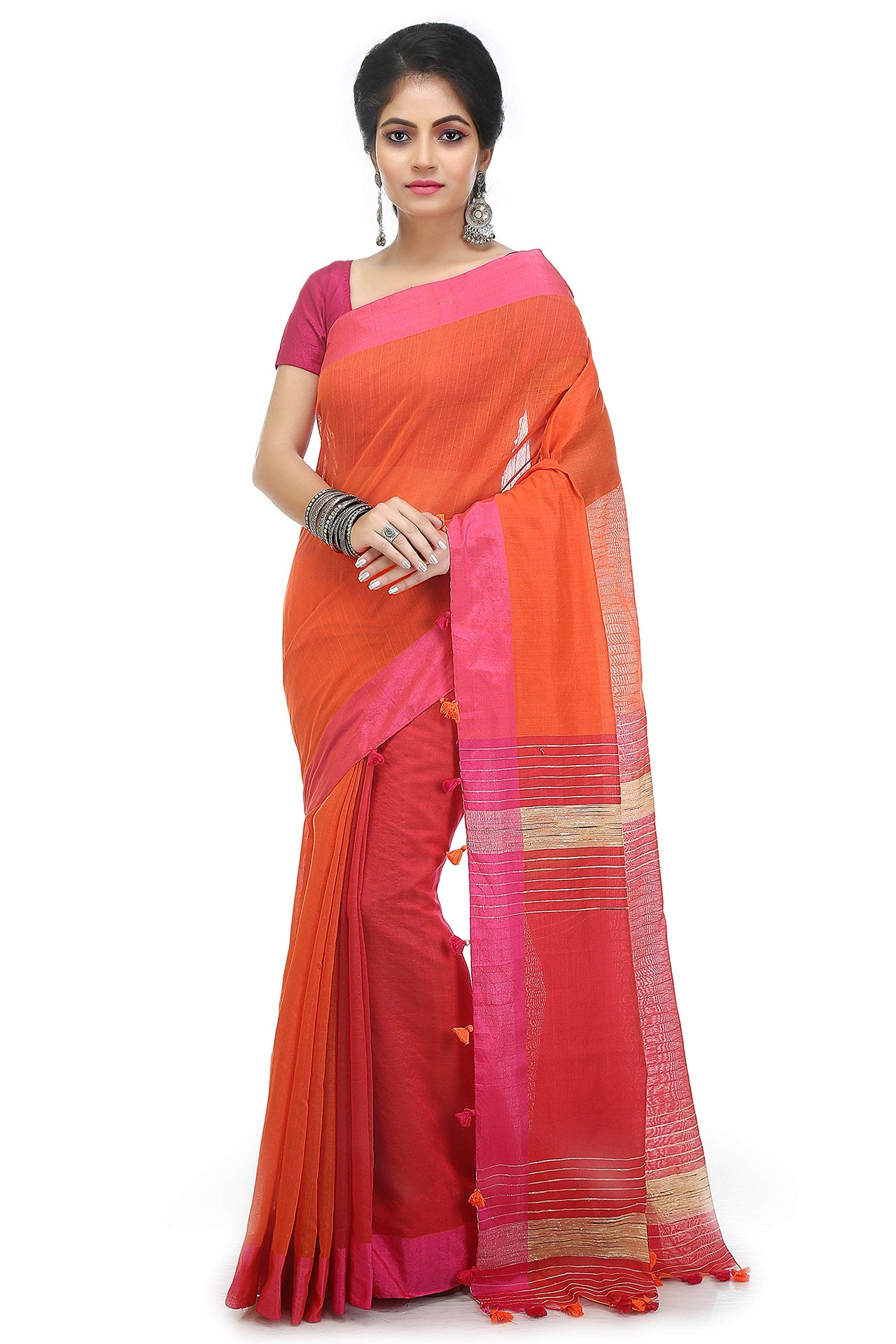 BENGAL HANDLOOM Women's  Art Silk Cotton Stripe Saree With Blouse Piece
