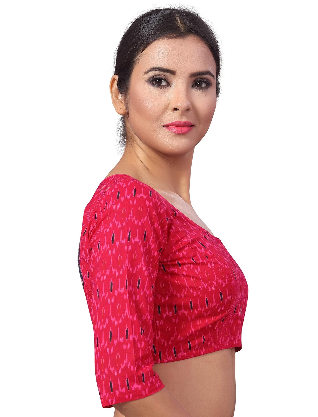 X3 Ikat Printed Pure Cotton Saree Blouse With Elbow Length Sleeves Back.