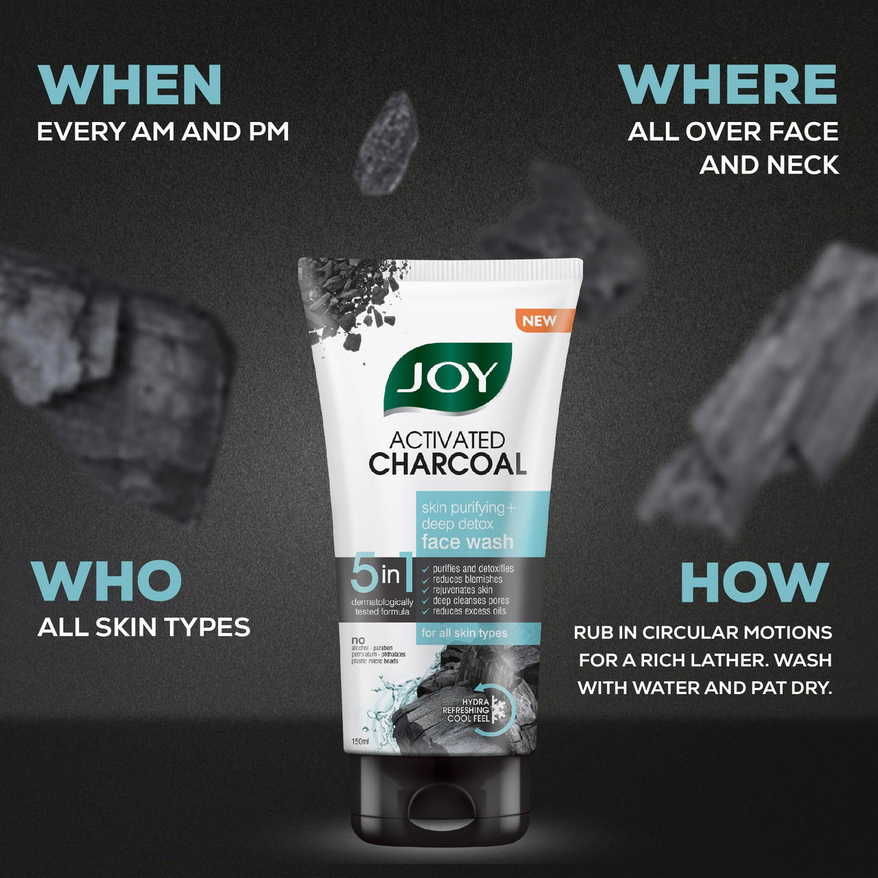 Joy Activated Charcoal Face Wash for Oily Skin 150ml x 2 | Controls Oil & Removes Dirt & Blackheads | Fights Pollution, Reduces Acne & Pimples For a Clearer & Smoother Skin