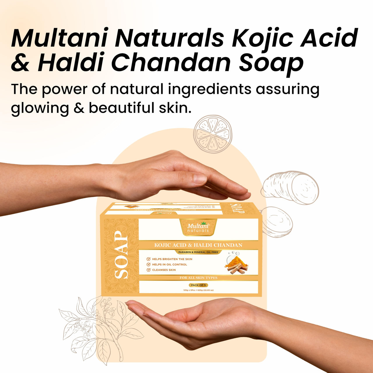 Multani Natural Kojic Acid and Haldi Chandan Soap | Herbal Bathing Bar Enriched with Essential Oils | Anti Ageing | Suitable for All Skin Types Pack of 5 (125g x 5) 625g