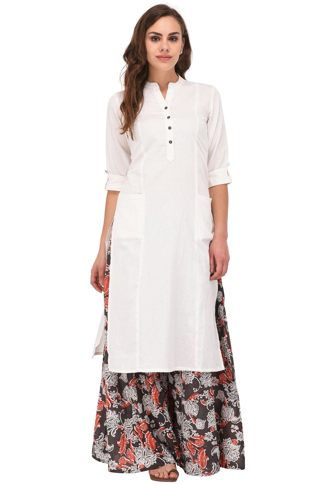 Pistaa's  Women's  White Solid Cotton Kurta with Two Patch Pockets