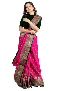 Shravanya Women's  Banarasi Silk Saree with Designer Embroidery and Stone Work with Jacquard Pallu, Border and Plain Unstitched Blouse Piece