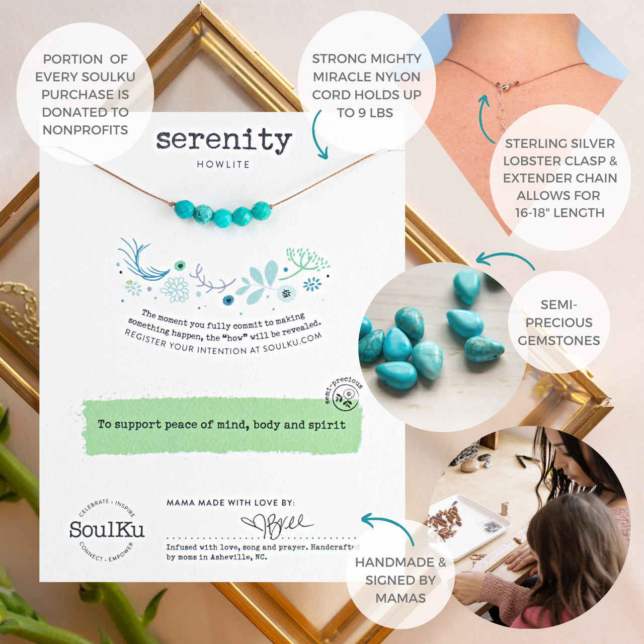 ﻿SoulKu Gemstone Necklace, Handmade Healing Crystal Jewelry, Motivation Jewelry For Women, Five Faceted Gemstone Beads, 16" Nylon Cord plus 2" Extender with Lobster Clasp (Howlite, Serenity Howlite