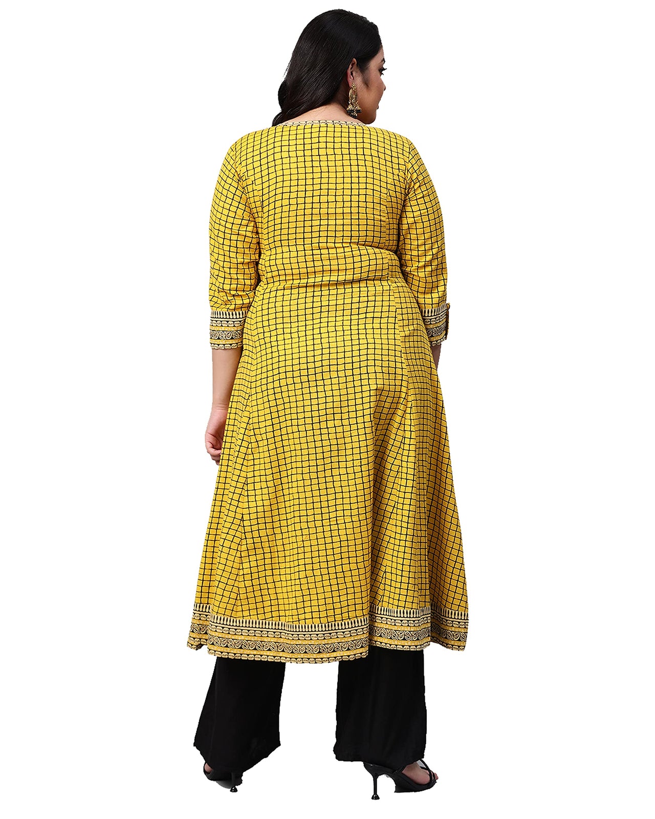 Yash Gallery Women's  Plus Size Plus Size Cotton Slub Checks Printed Anarkali Kurta for Women