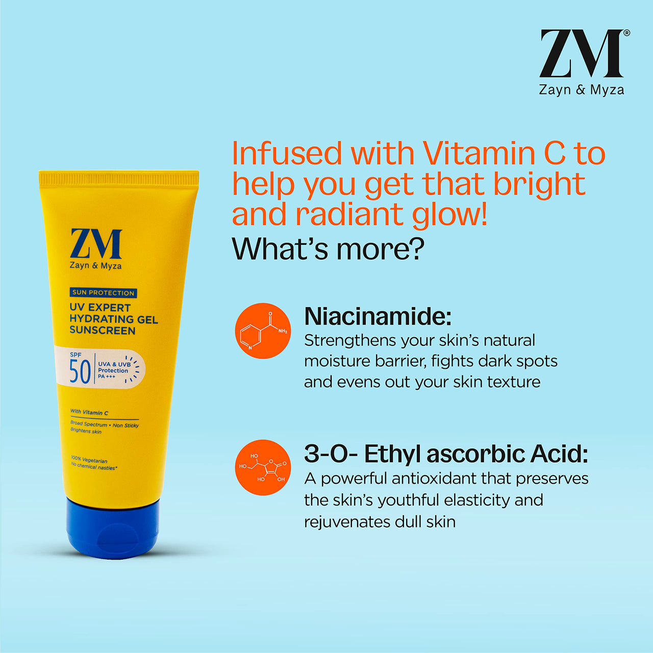 ZM Vitamin C UV Expert Hydrating Gel Sunscreen SPF 50 PA +++ For Bright & Glowing Skin | Non-Greasy, Quick-Absorbing | No White Cast | UVA UVB Sun Protection | Sunscreen For Women & Men - 50 gm