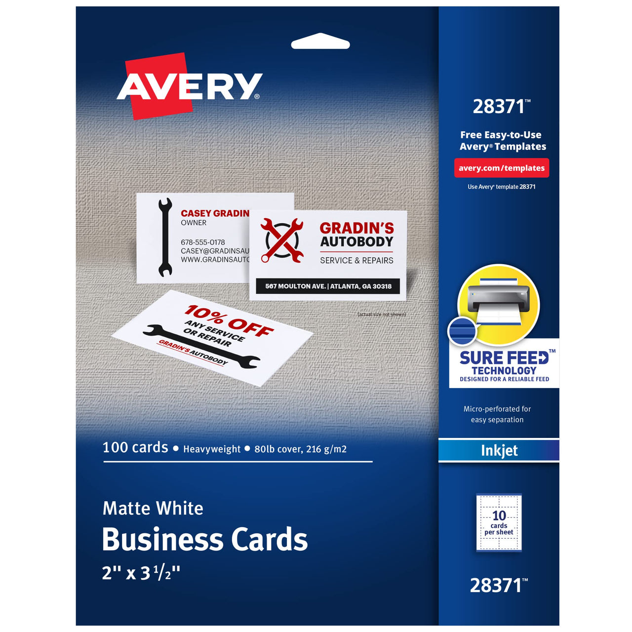 Avery Printable Business Cards with Sure Feed Technology, 2" x 3.5", White, 100 Blank Cards for Inkjet Printers (28371)