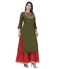 Ashta Vinayak Creations Women's  Casual Rayon Embroidered Straight Kurti With Sharara Set(AVC74_Black_Red)