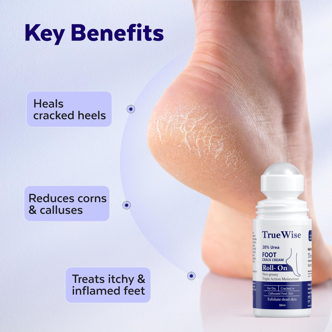 TrueWise® 20% Urea Crack Heel Repair Foot Cream Roll On 50ml Foot Cream For Dry And Cracked Feet With 2% Lactic Acid, Olive Oil & Vitamin E | Help Heel Repair and Moisturise Cracked Heels (2)