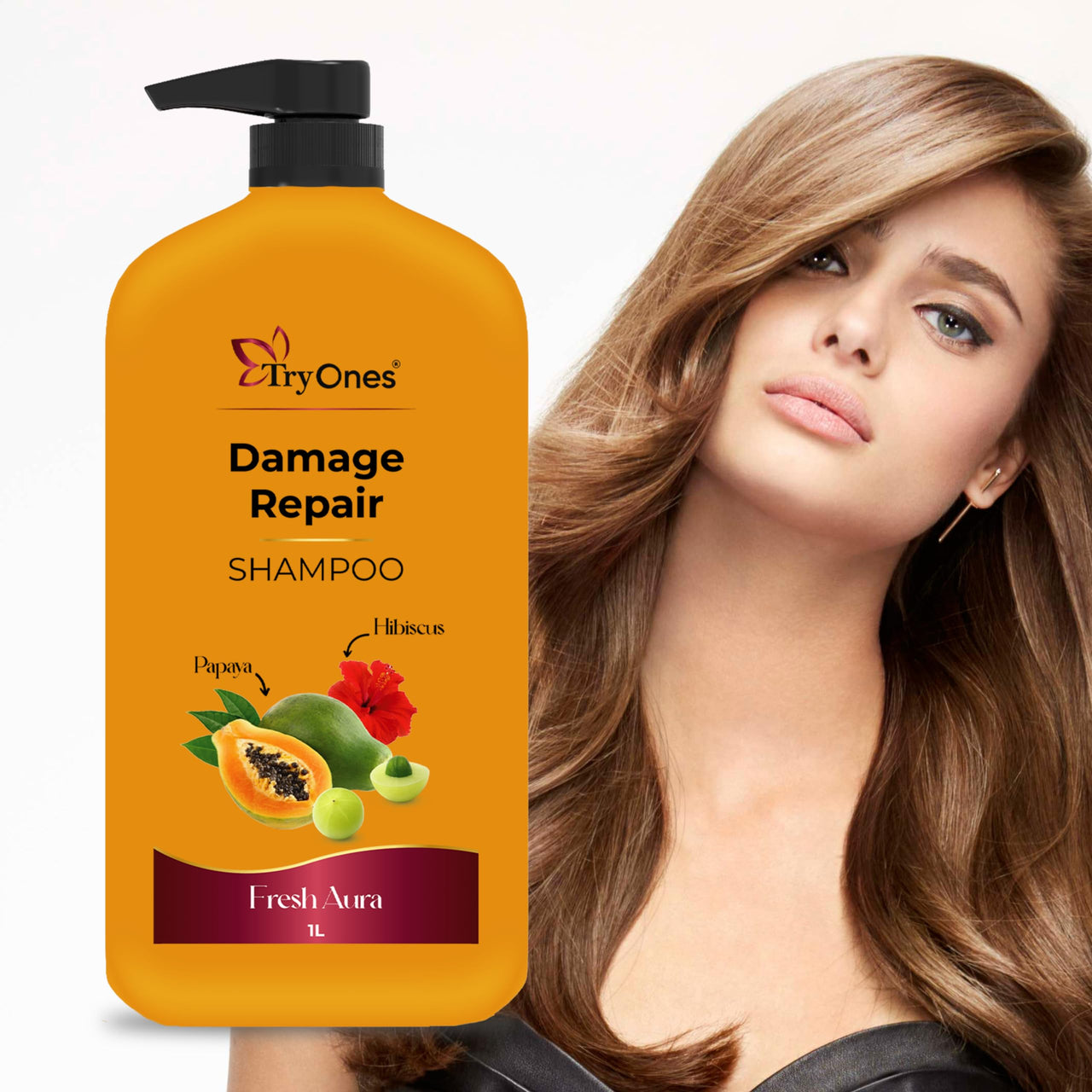 TryOnes Papaya & Hibiscus Damage Repair Shampoo 1000 ml | Hair Repairing Shampoo For Damaged, Dry & Frizzy Hair | For Women & Men